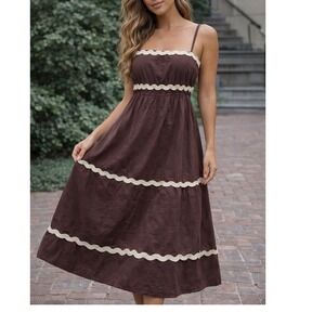 Sun & Shadow Brown Ric Rac Tiered Cotton Maxi Dress Womens Medium Boho Smocked